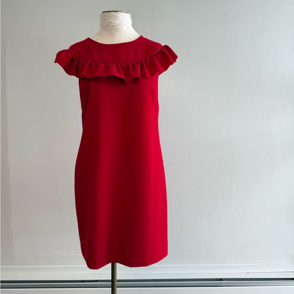 Red Ruffle-Neck Shift Dress